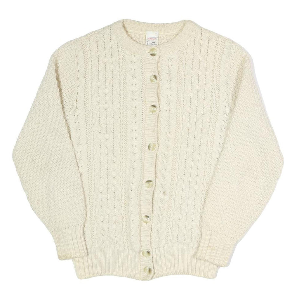 ST MICHAEL Womens Cream Button Up Cardigan Chunky Knit Plain Crew Neck S Wool