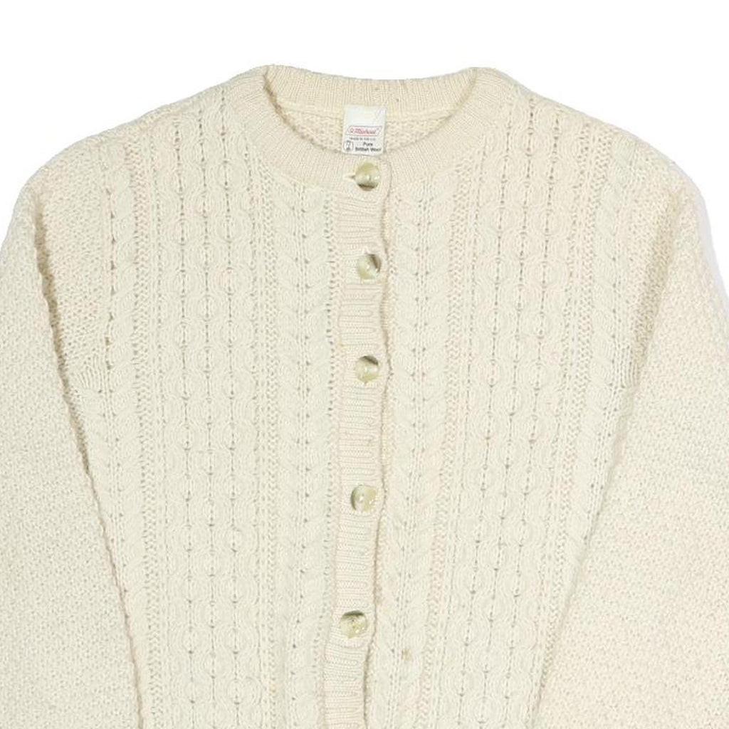 ST MICHAEL Womens Cream Button Up Cardigan Chunky Knit Plain Crew Neck S Wool