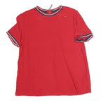 TOMMY JEANS Womens Red Top Short Sleeve Round Neck XS Contrast Trim Zipped Back