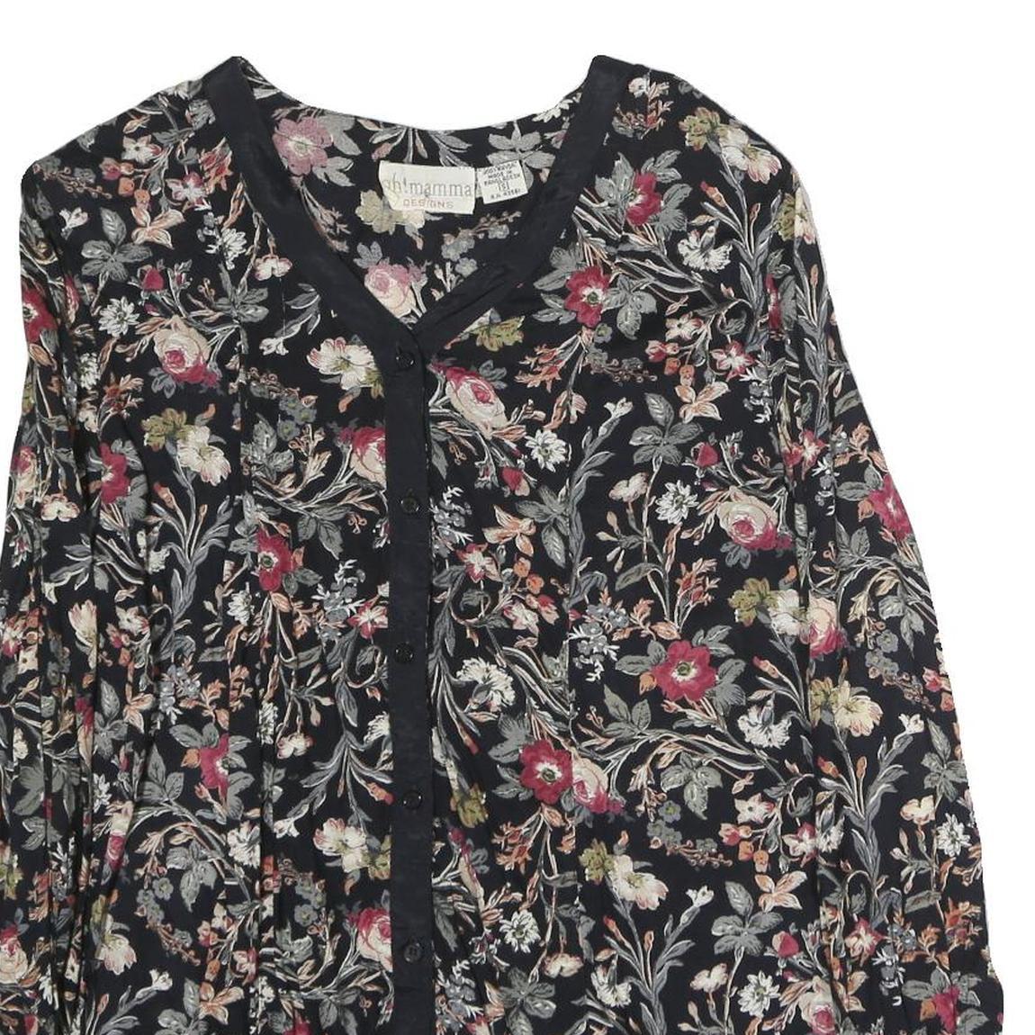 OH MAMMA Womens Black Floral Printed Button Long Sleeve Shirt L Cotton Blend