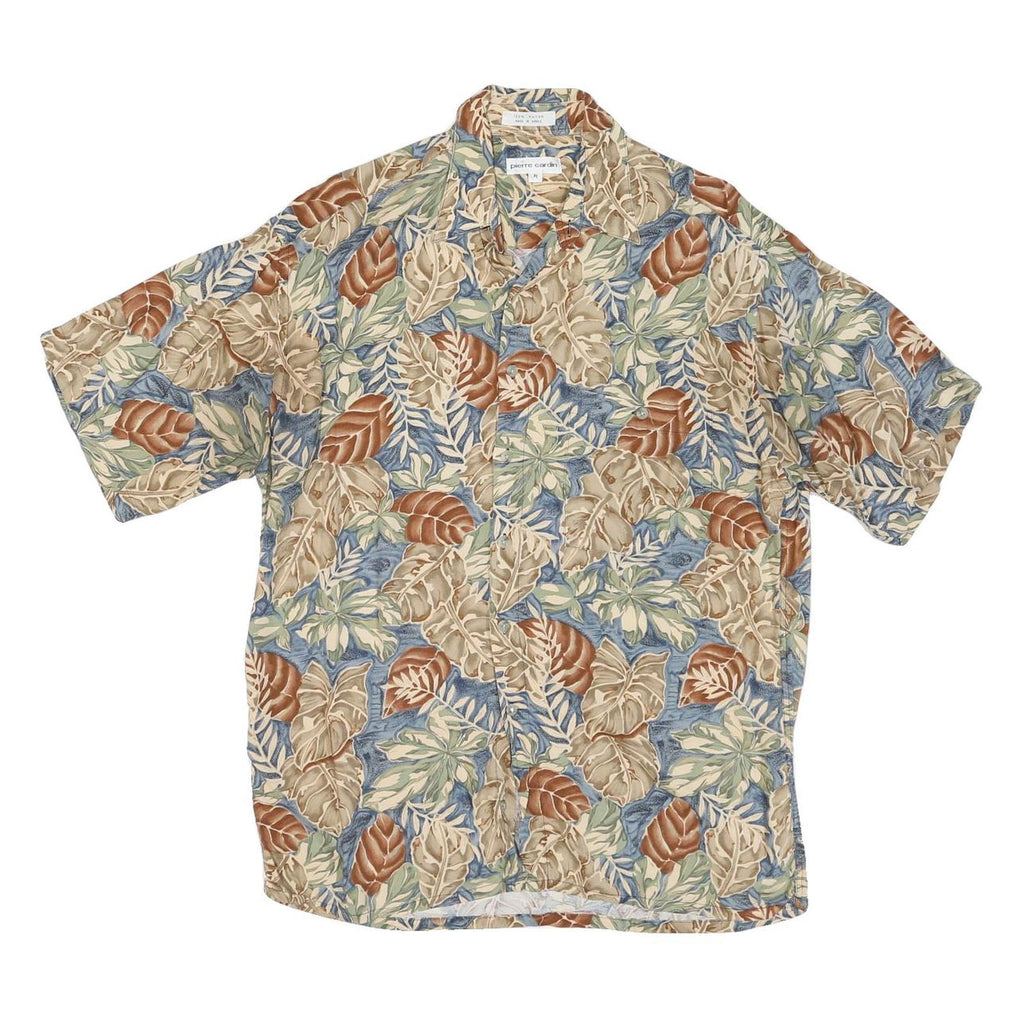 PIERRE CARDIN Mens Beige & Blue Leaf Pattern Shirt M Rayon Lightweight Casual