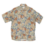 PIERRE CARDIN Mens Beige & Blue Leaf Pattern Shirt M Rayon Lightweight Casual