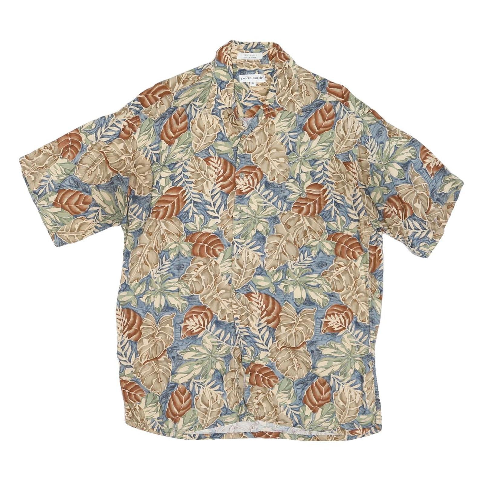 PIERRE CARDIN Mens Beige & Blue Leaf Pattern Shirt M Rayon Lightweight Casual
