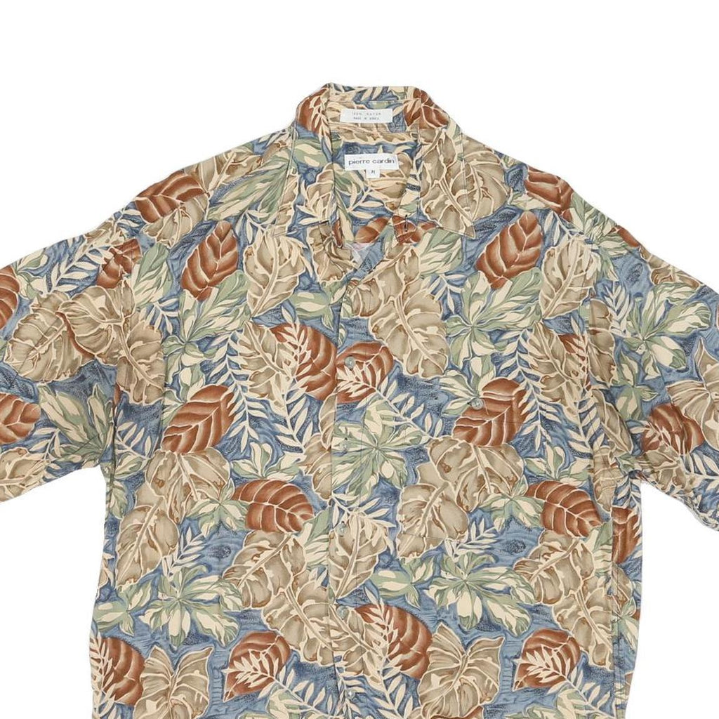 PIERRE CARDIN Mens Beige & Blue Leaf Pattern Shirt M Rayon Lightweight Casual