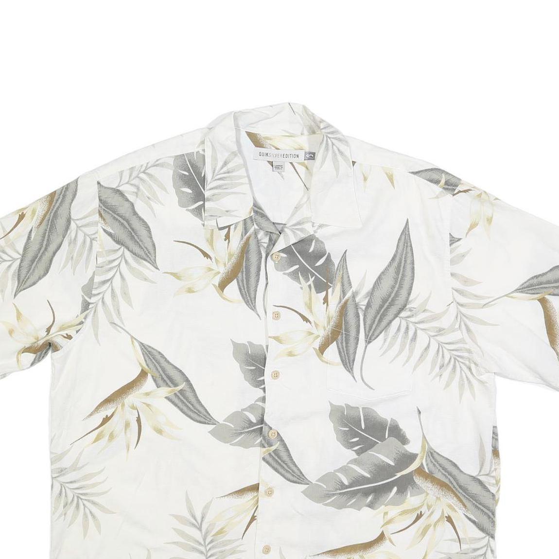 QUIKSILVER Mens White & Beige Leaf Print Shirt L Casual Button-Up Summer