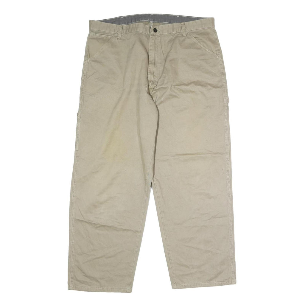 Mens Beige Cotton Blend Regular Fit Straight Leg Trousers W36 L29 Casual Zip