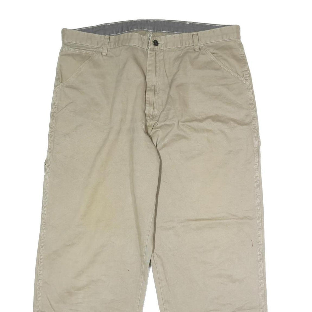 Mens Beige Cotton Blend Regular Fit Straight Leg Trousers W36 L29 Casual Zip