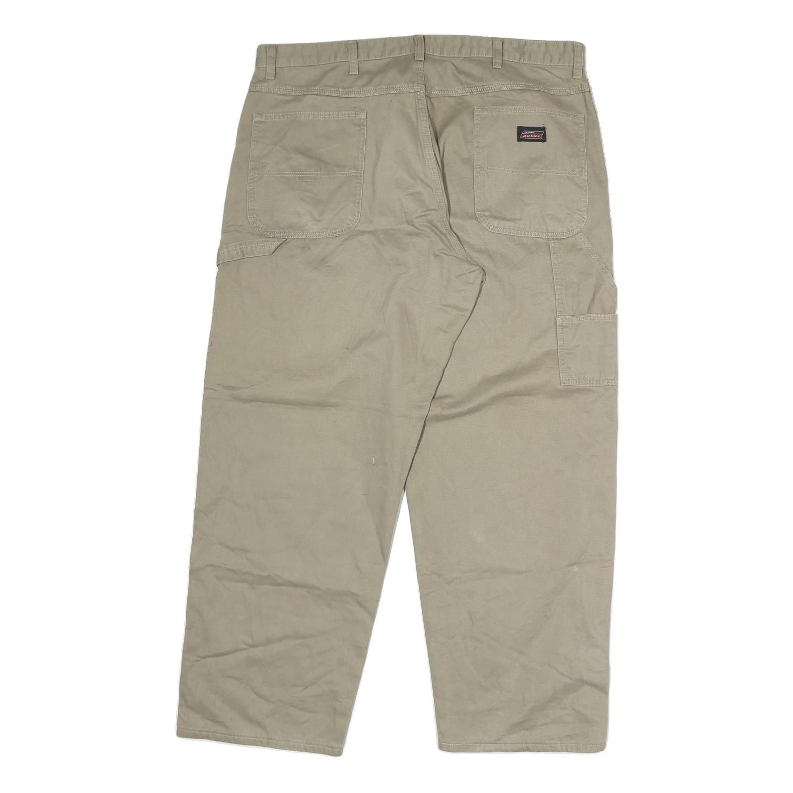 Mens Beige Cotton Blend Regular Fit Straight Leg Trousers W36 L29 Casual Zip
