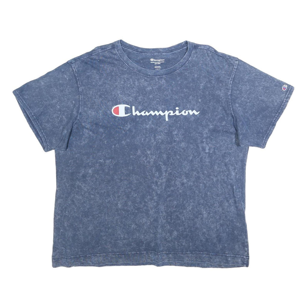 CHAMPION Womens Blue Acid Wash Logo Graphic T-Shirt 2XL Short Sleeve Crew Neck