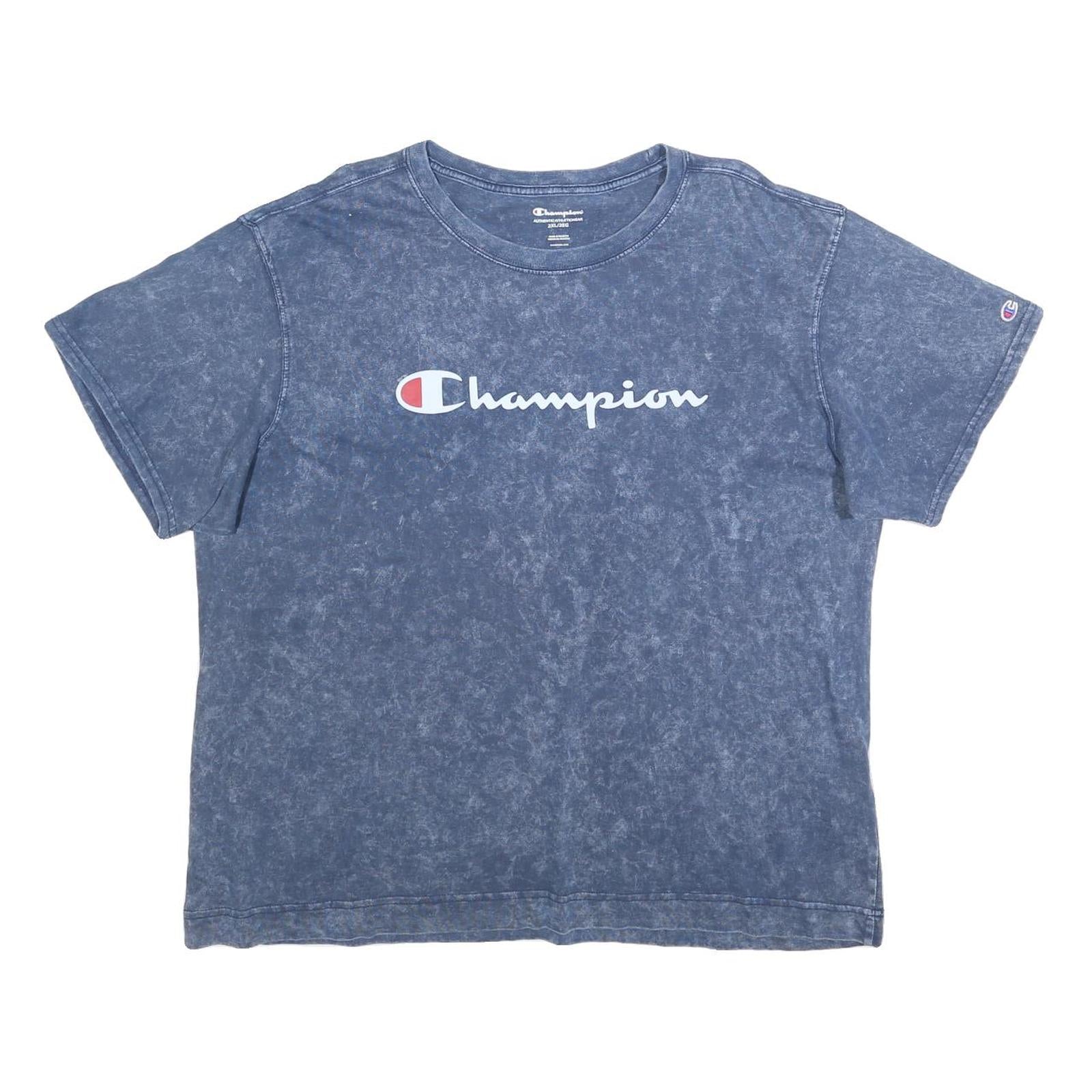 CHAMPION Womens Blue Acid Wash Logo Graphic T-Shirt 2XL Short Sleeve Crew Neck
