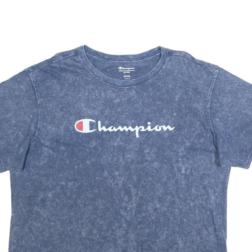 CHAMPION Womens Blue Acid Wash Logo Graphic T-Shirt 2XL Short Sleeve Crew Neck