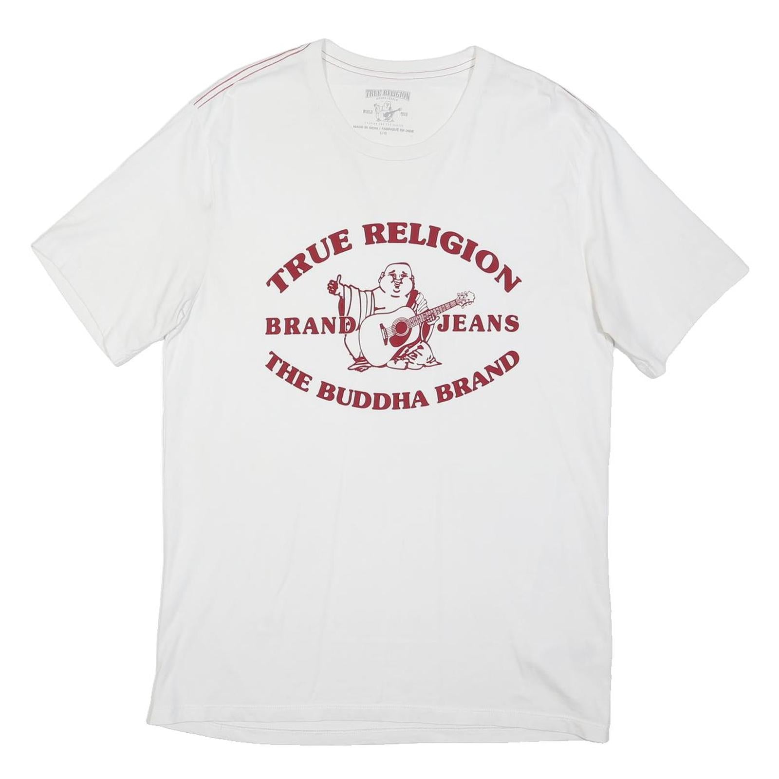 TRUE RELIGION Mens White Graphic T-Shirt L Short Sleeve Crew Neck Buddha Logo