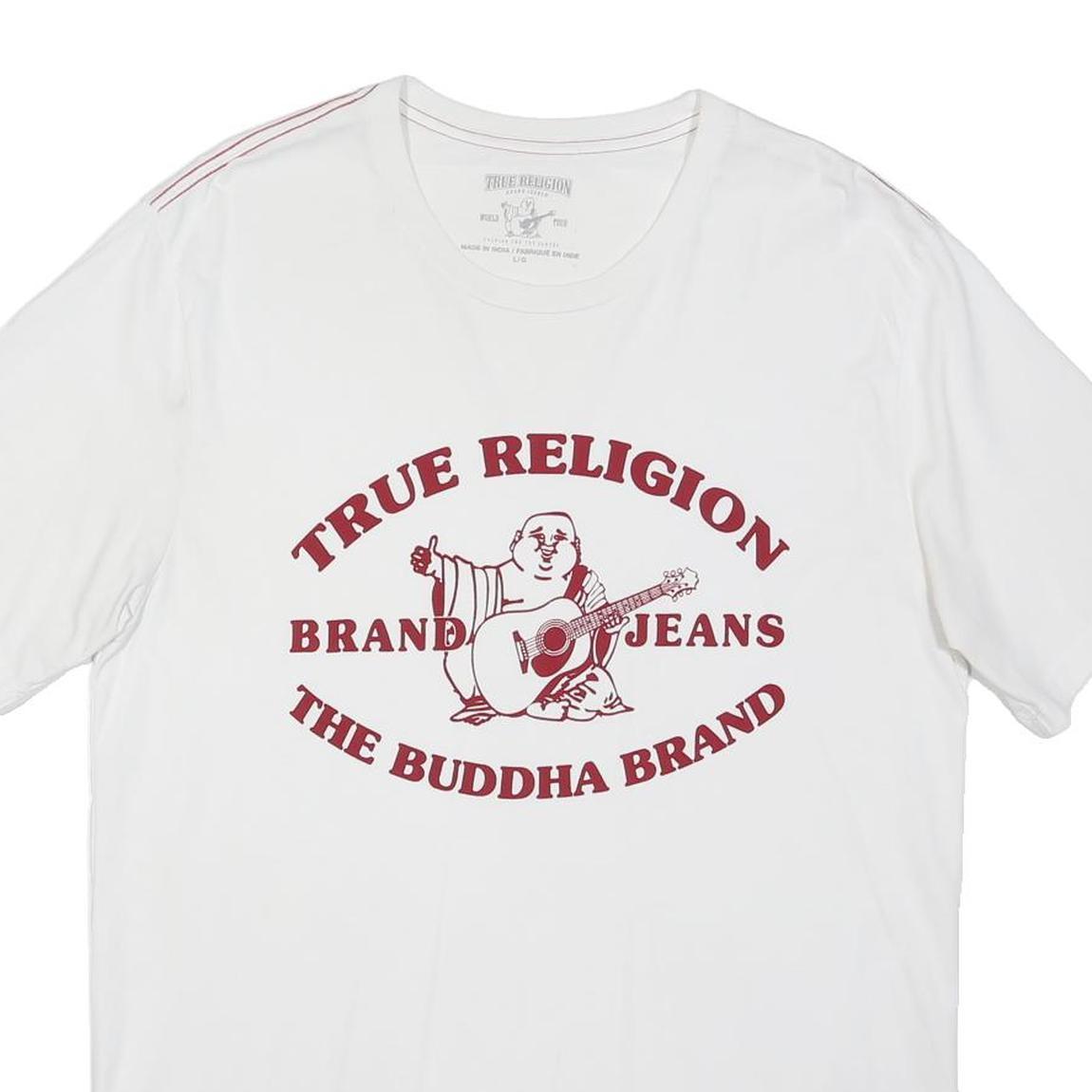 TRUE RELIGION Mens White Graphic T-Shirt L Short Sleeve Crew Neck Buddha Logo