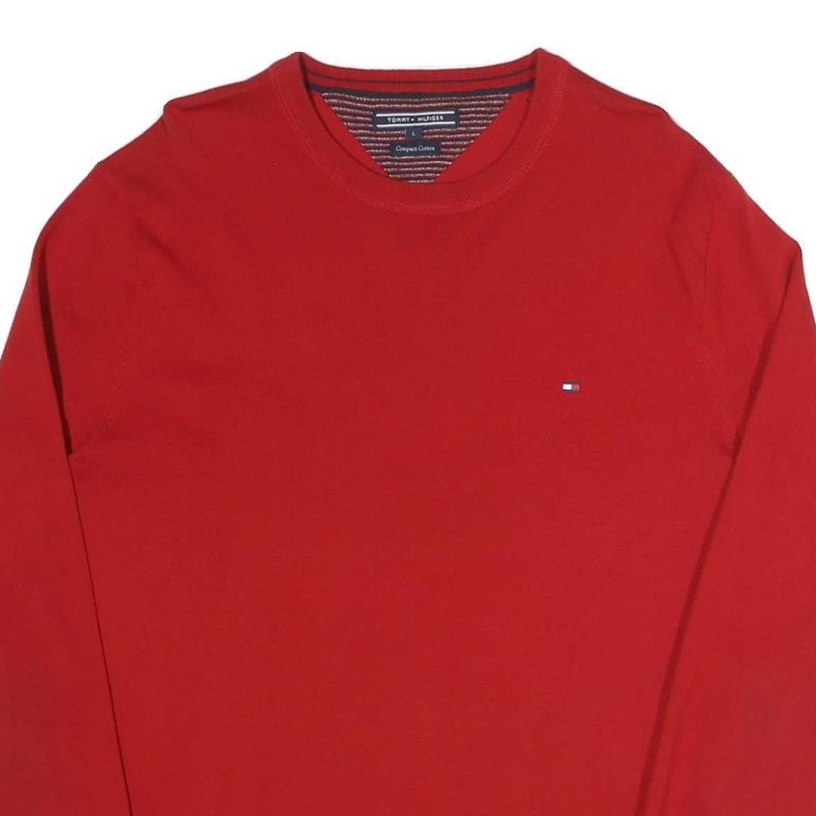 TOMMY HILFIGER Mens Red Plain Cotton Blend Crew Neck Regular Fit Jumper L