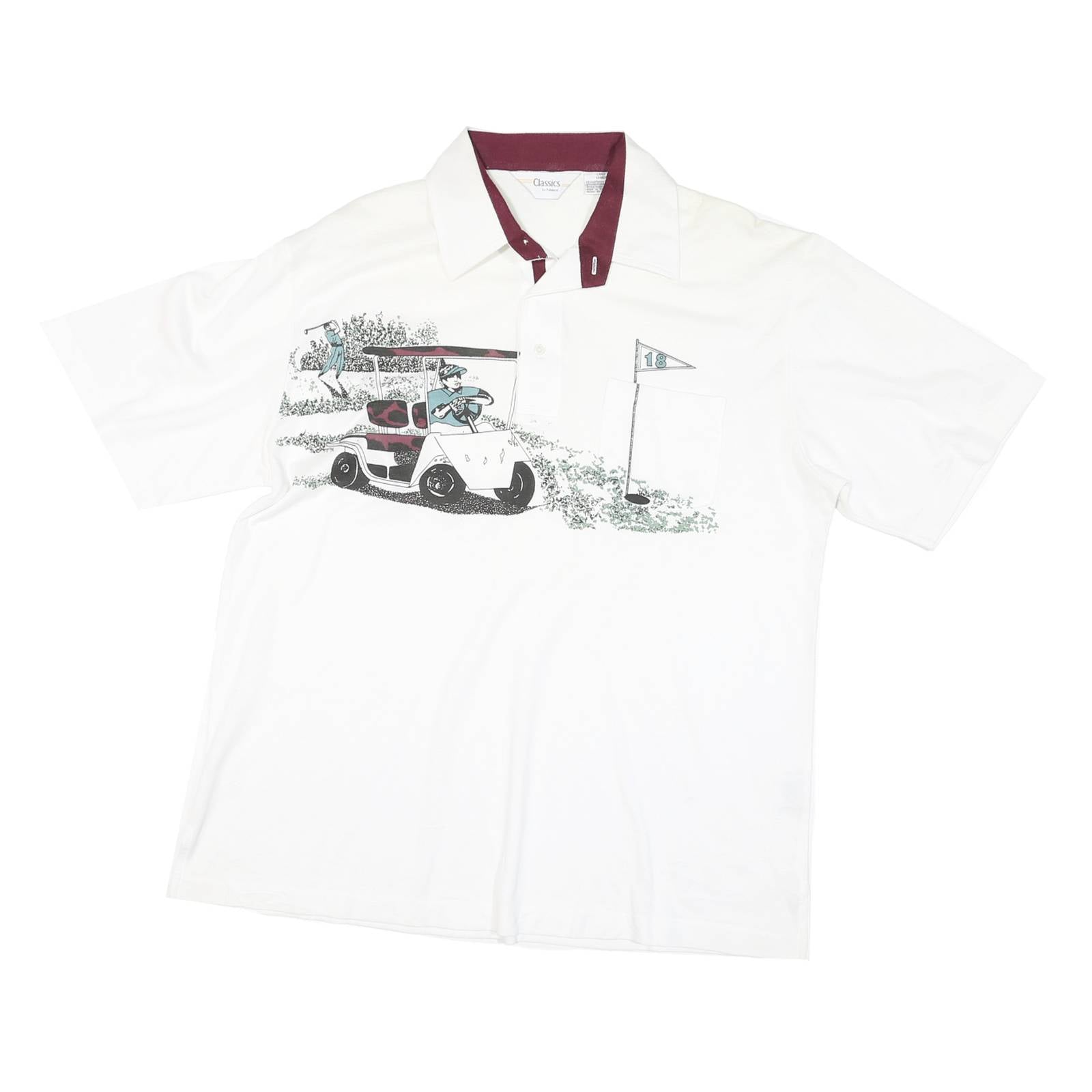 CLASSICS Mens White Burgundy Golf Motif Short Sleeve Polo Shirt L Cotton Blend