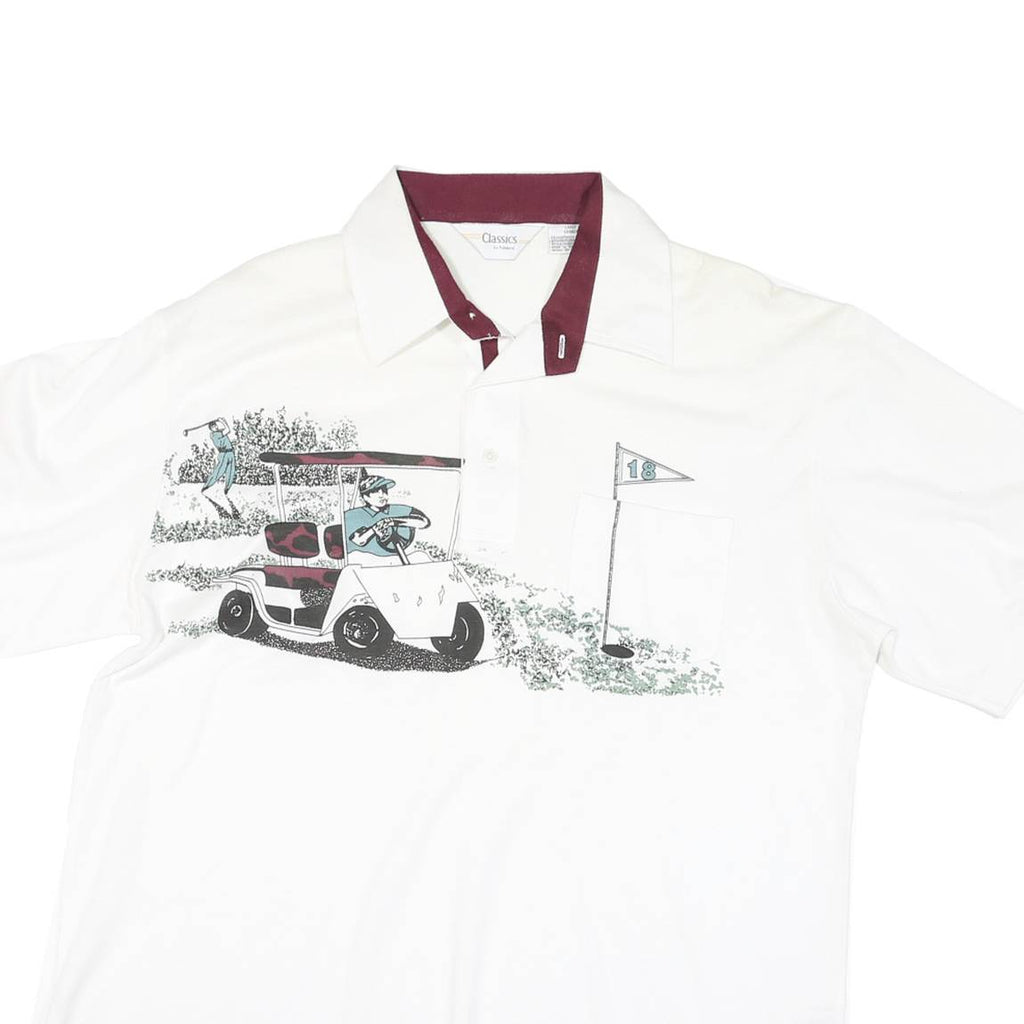 CLASSICS Mens White Burgundy Golf Motif Short Sleeve Polo Shirt L Cotton Blend