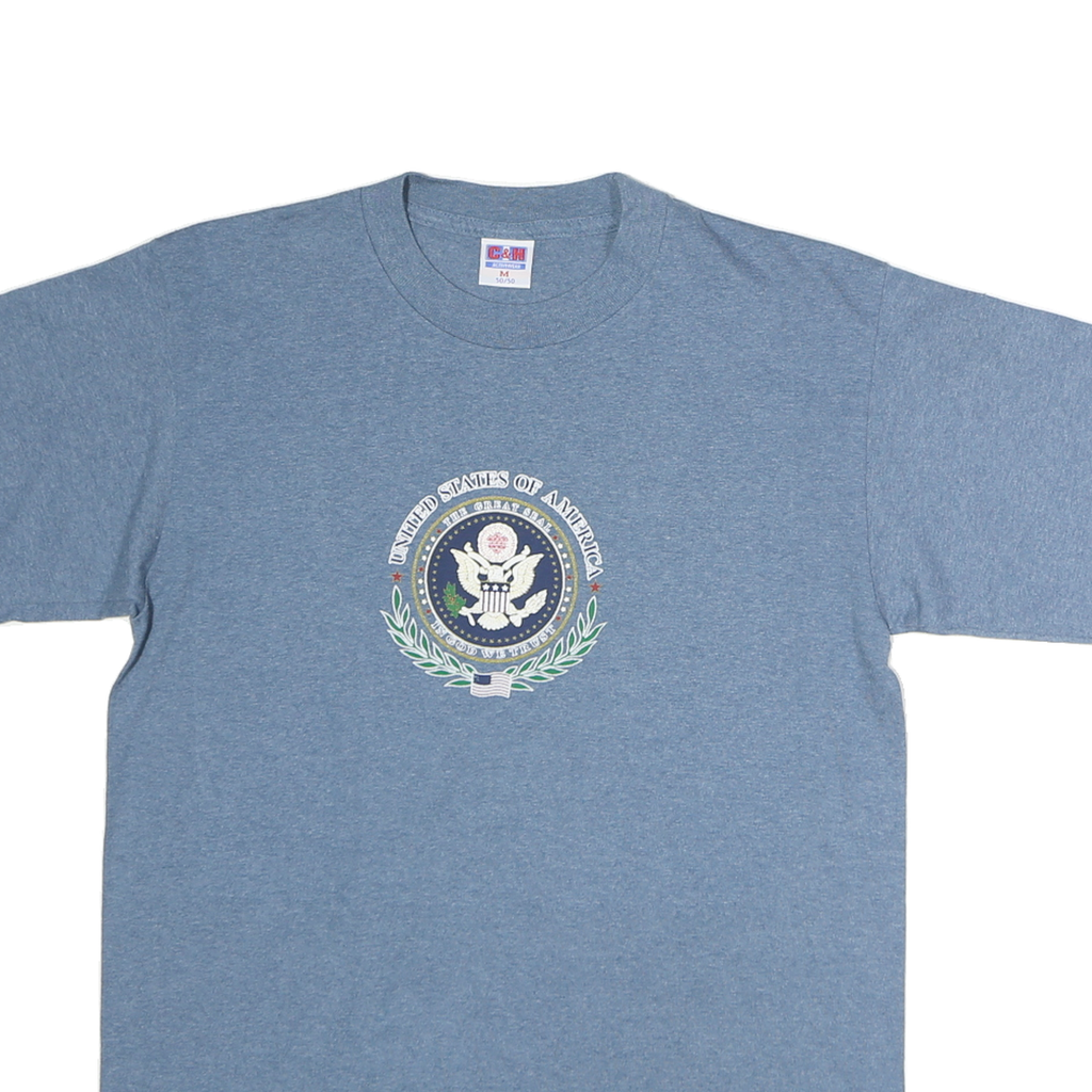 C&H Mens Blue Crew Neck T-Shirt M Cotton Graphic Print Casual