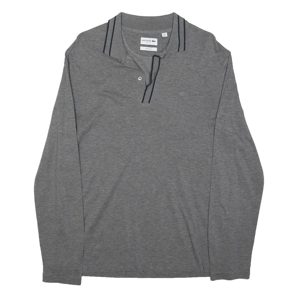 LACOSTE Mens Grey Long Sleeve Plain Polo Shirt L Cotton Blend Casual Wear