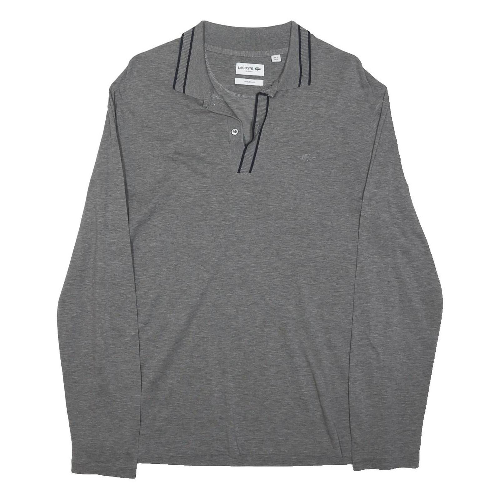 LACOSTE Mens Grey Long Sleeve Plain Polo Shirt L Cotton Blend Casual Wear