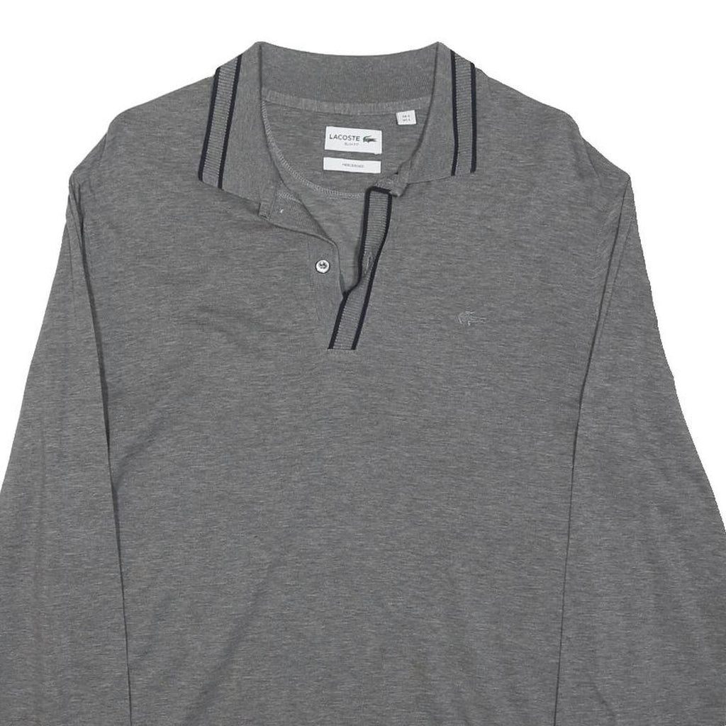 LACOSTE Mens Grey Long Sleeve Plain Polo Shirt L Cotton Blend Casual Wear