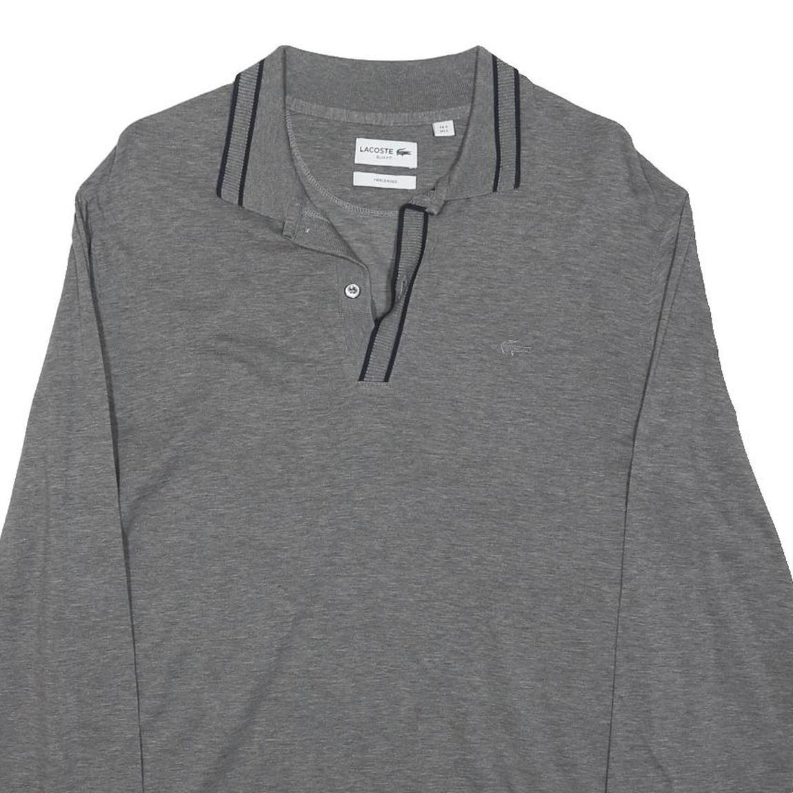LACOSTE Mens Grey Long Sleeve Plain Polo Shirt L Cotton Blend Casual Wear