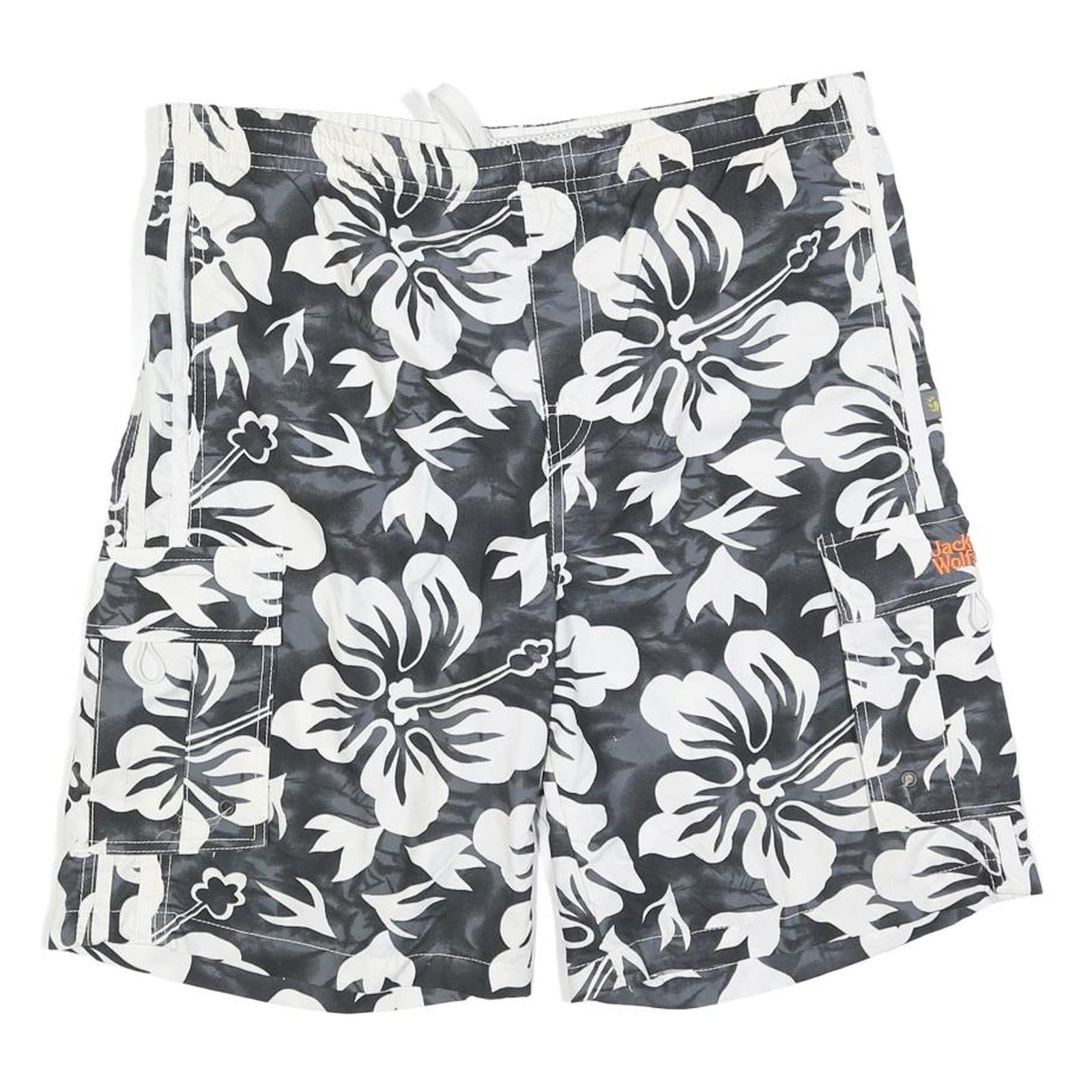 JACK WOLFSKIN Mens Cargo Shorts Black & White Floral L W36 Drawstring Relaxed