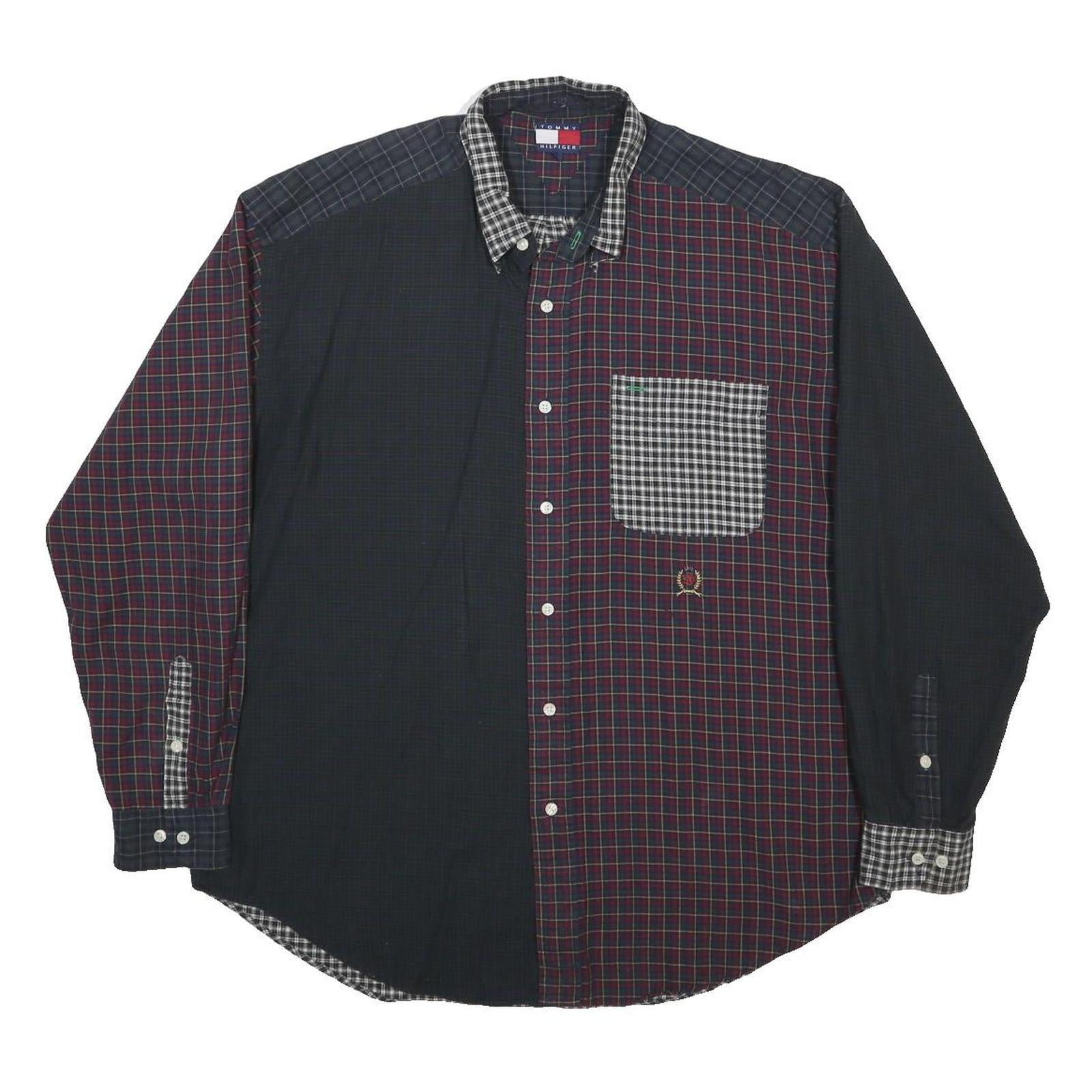 TOMMY HILFIGER Mens Blue & Red Checked Patchwork Shirt L Button Cotton