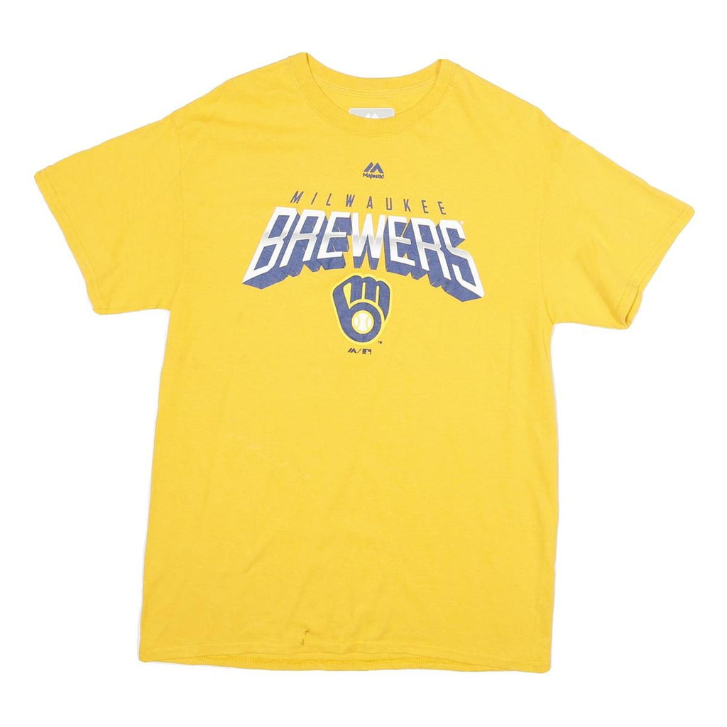 MAJESTIC Mens Yellow Milwaukee Brewers Graphic T-Shirt M Short Sleeve Crew Neck