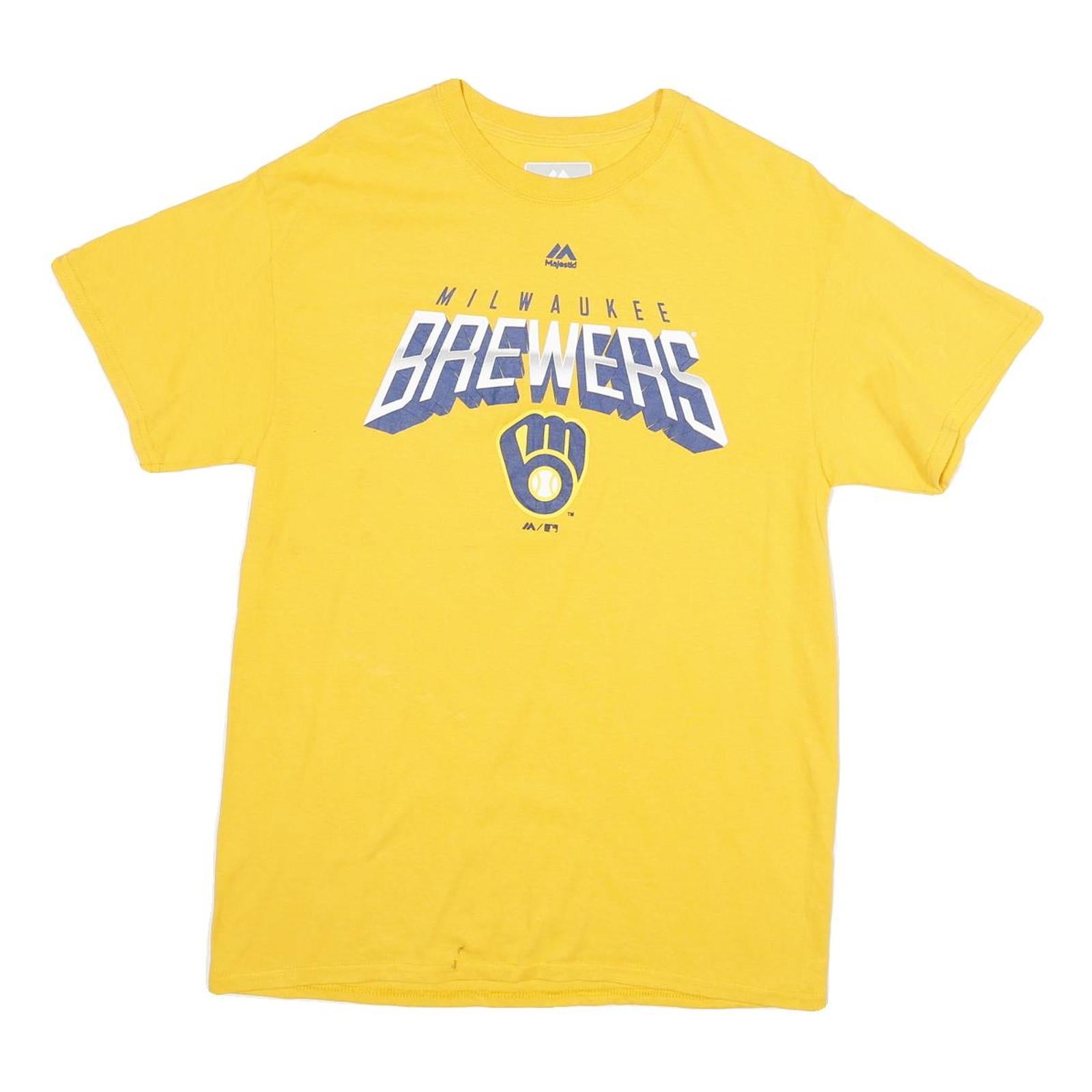 MAJESTIC Mens Yellow Milwaukee Brewers Graphic T-Shirt M Short Sleeve Crew Neck