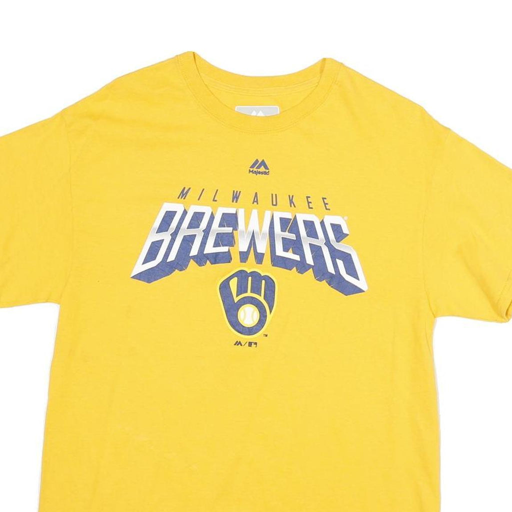 MAJESTIC Mens Yellow Milwaukee Brewers Graphic T-Shirt M Short Sleeve Crew Neck