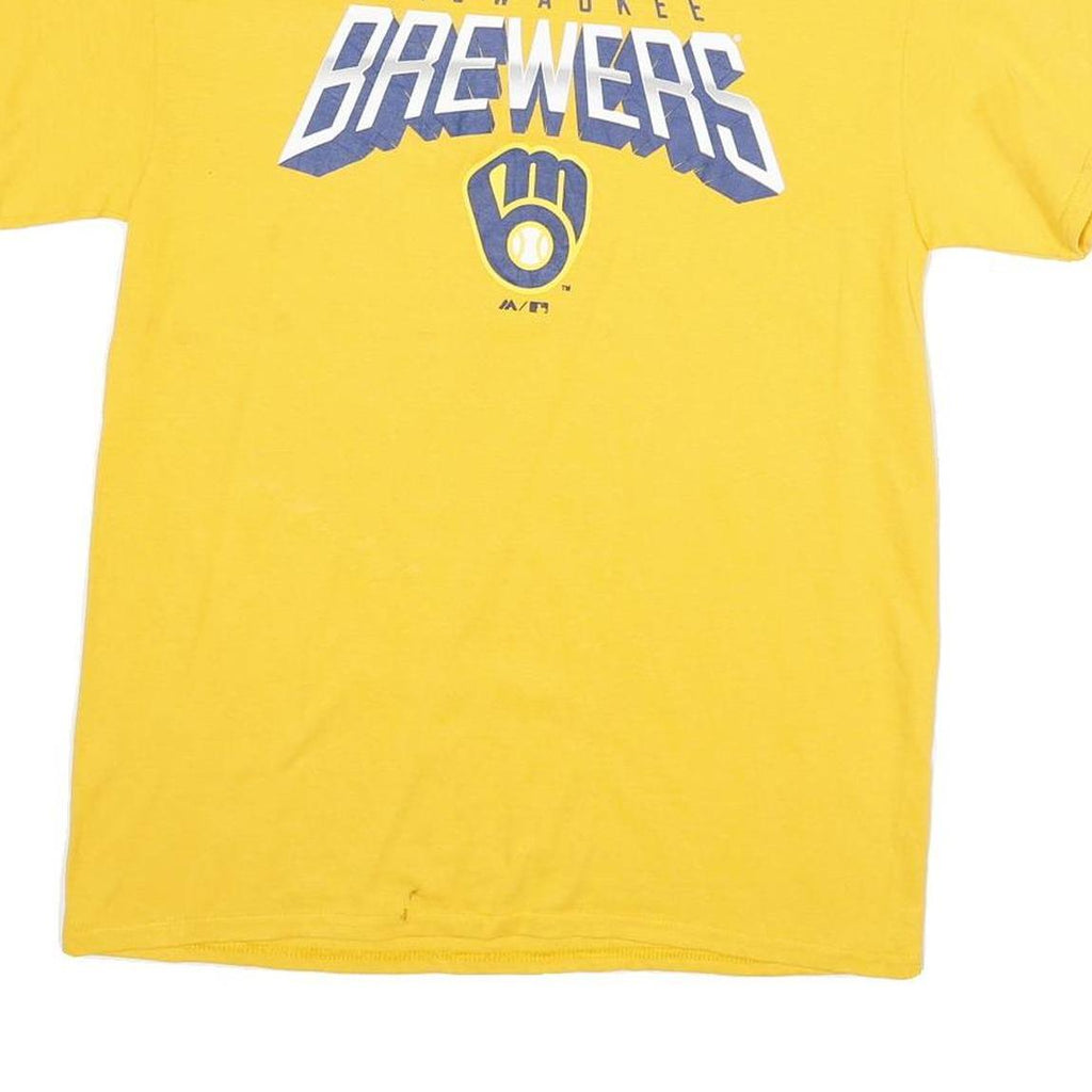MAJESTIC Mens Yellow Milwaukee Brewers Graphic T-Shirt M Short Sleeve Crew Neck