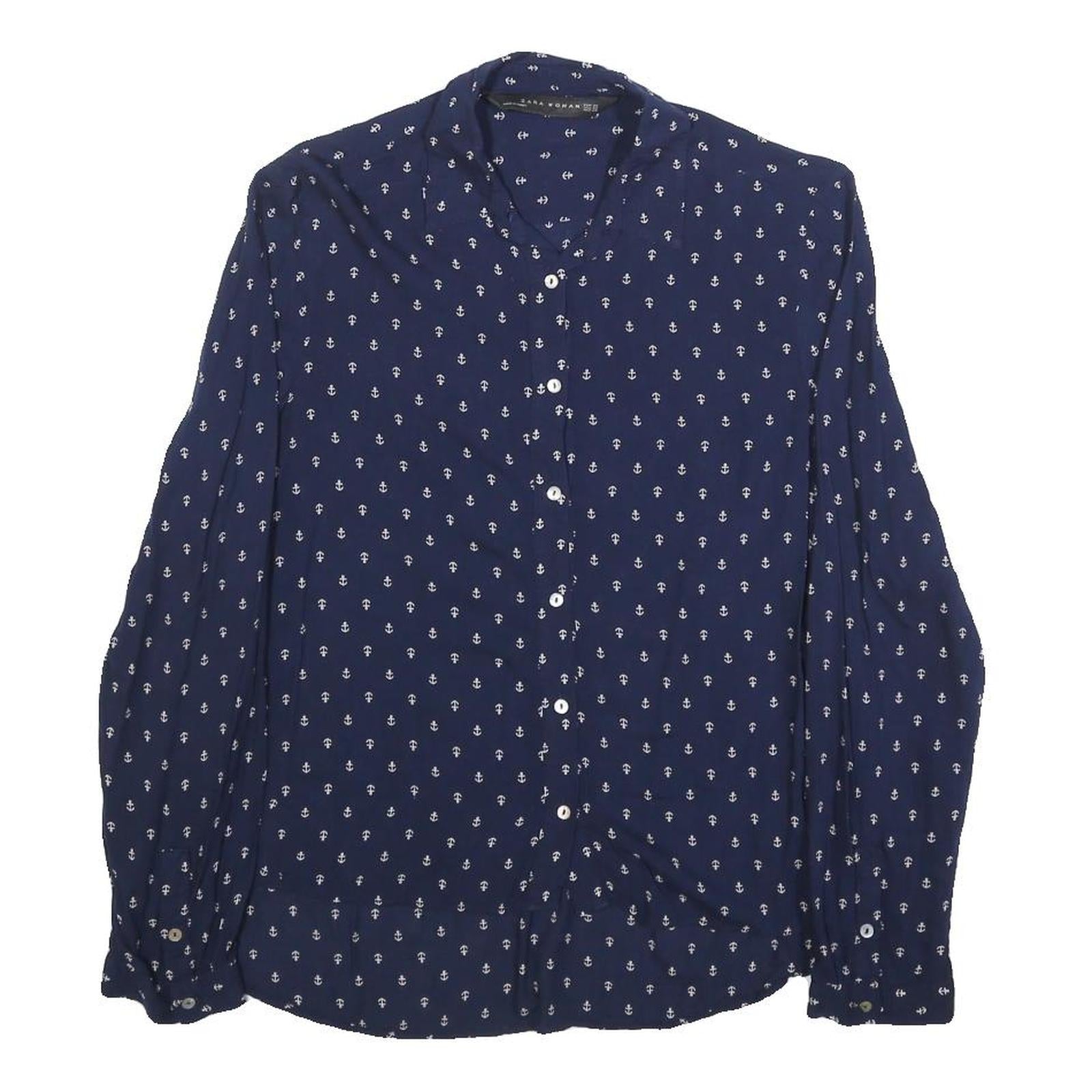 ZARA WOMAN Womens Blue Anchor Print Shirt Long Sleeve Button Neck XS Casual