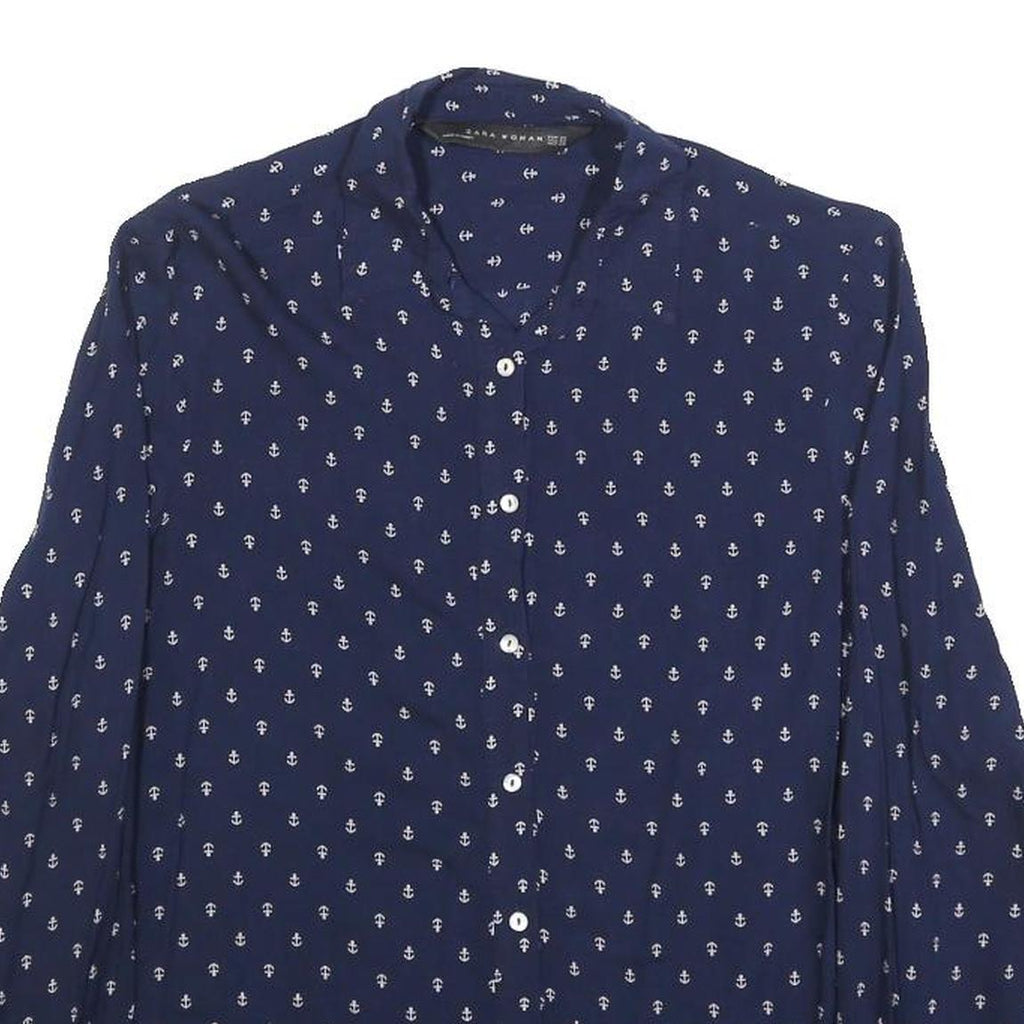 ZARA WOMAN Womens Blue Anchor Print Shirt Long Sleeve Button Neck XS Casual