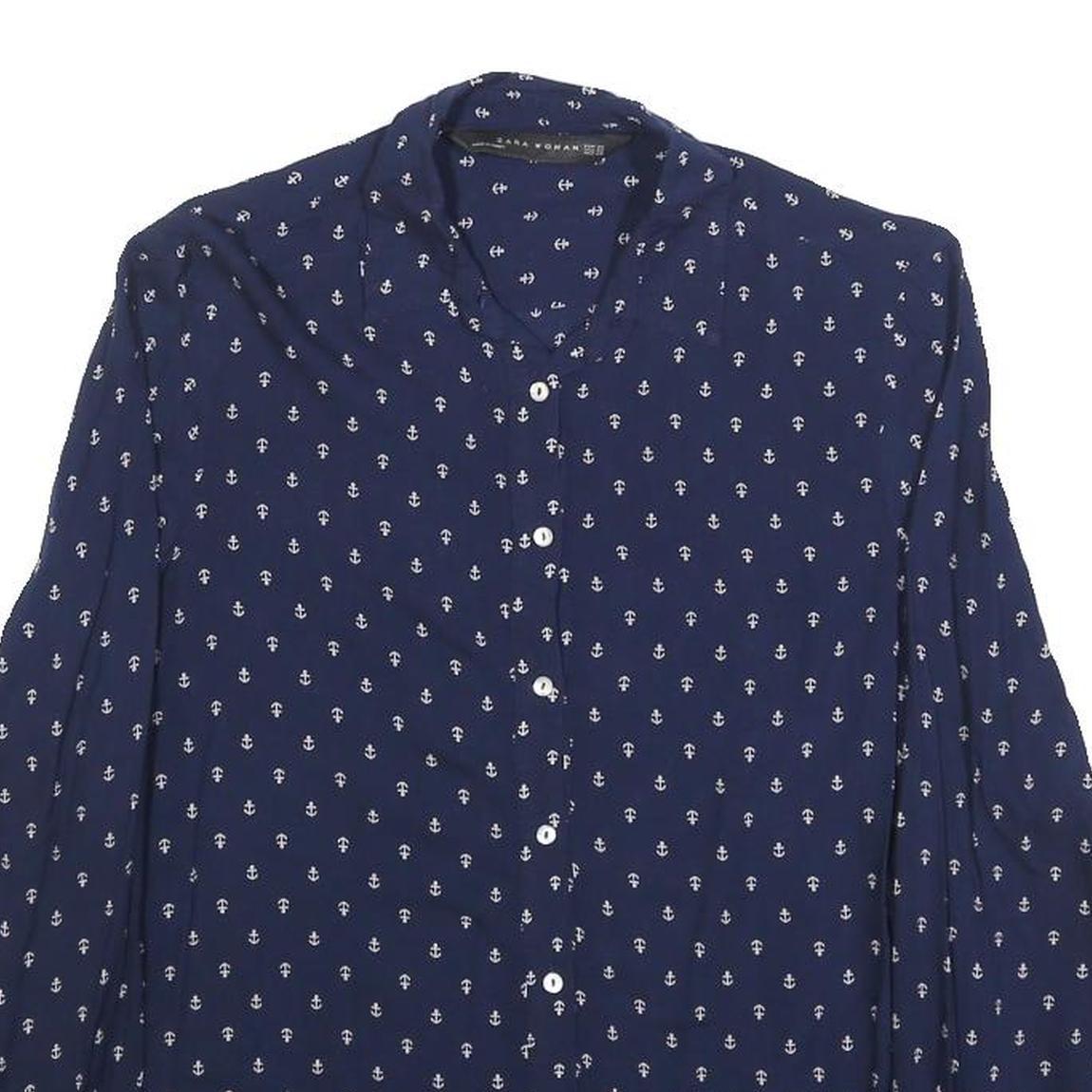 ZARA WOMAN Womens Blue Anchor Print Shirt Long Sleeve Button Neck XS Casual