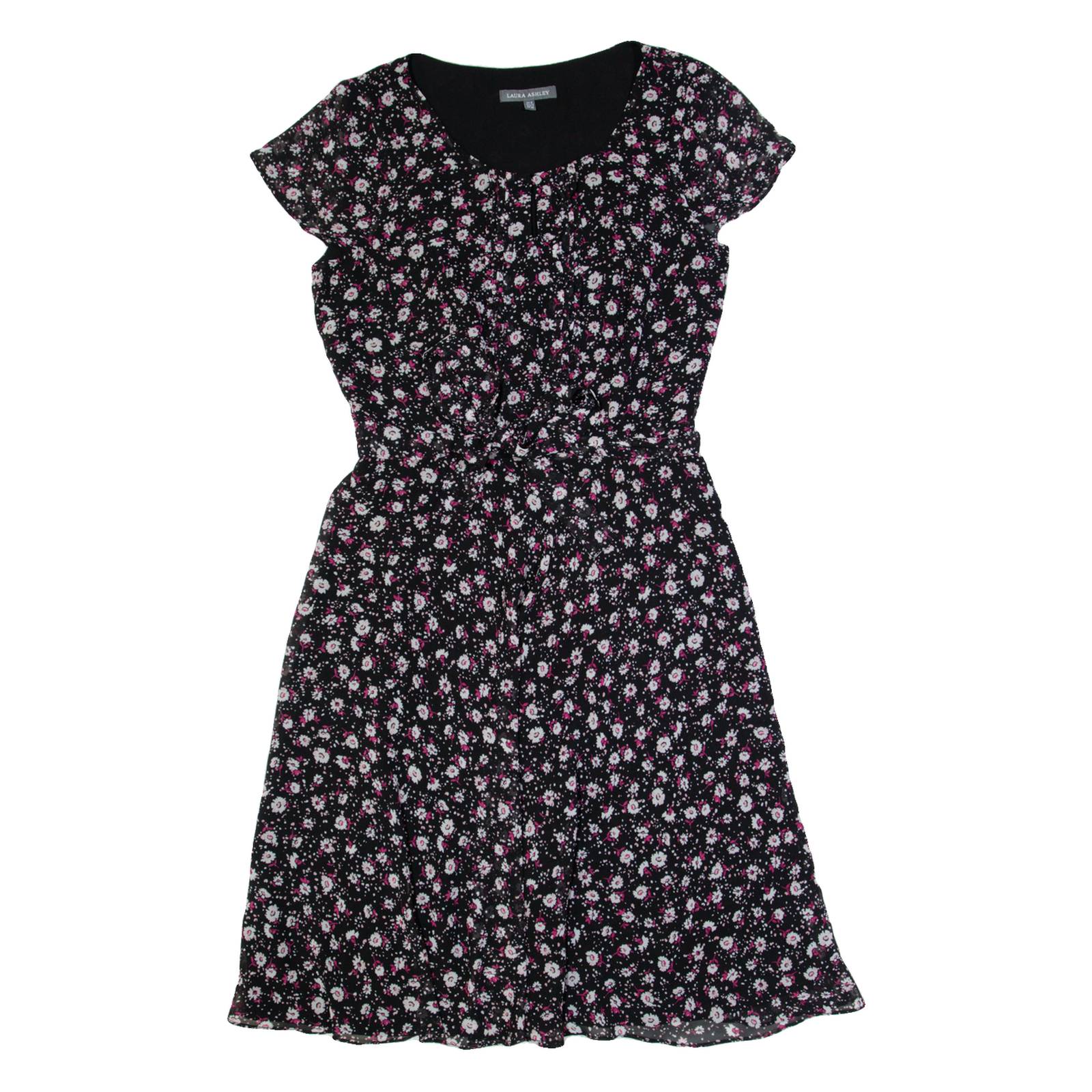 LAURA ASHLEY Womens A-Line Dress Black Floral Short Sleeve Knee Length UK 8