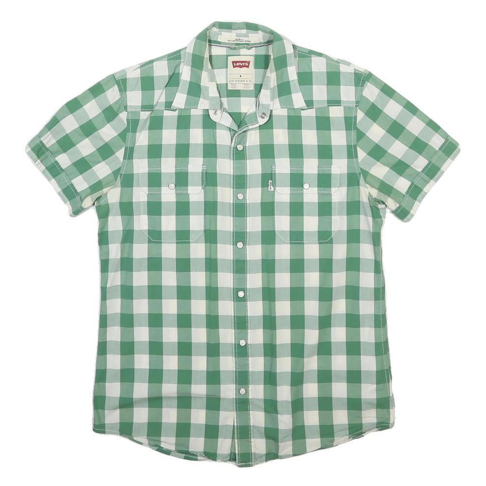 LEVI'S Mens Green & White Check Shirt M Casual Cotton Blend Short Sleeve