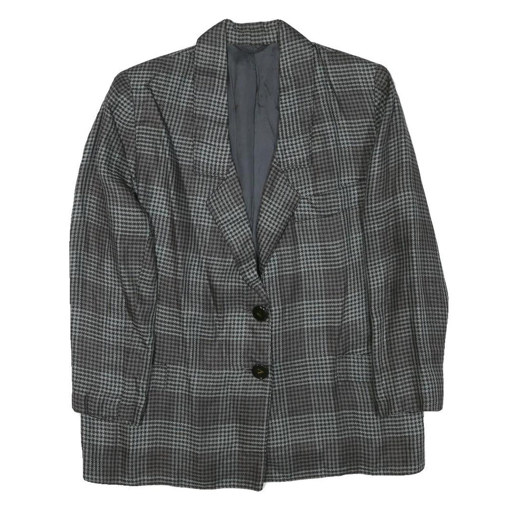 Womens Grey Check Button Jacket M Synthetic Woven Classic Timeless
