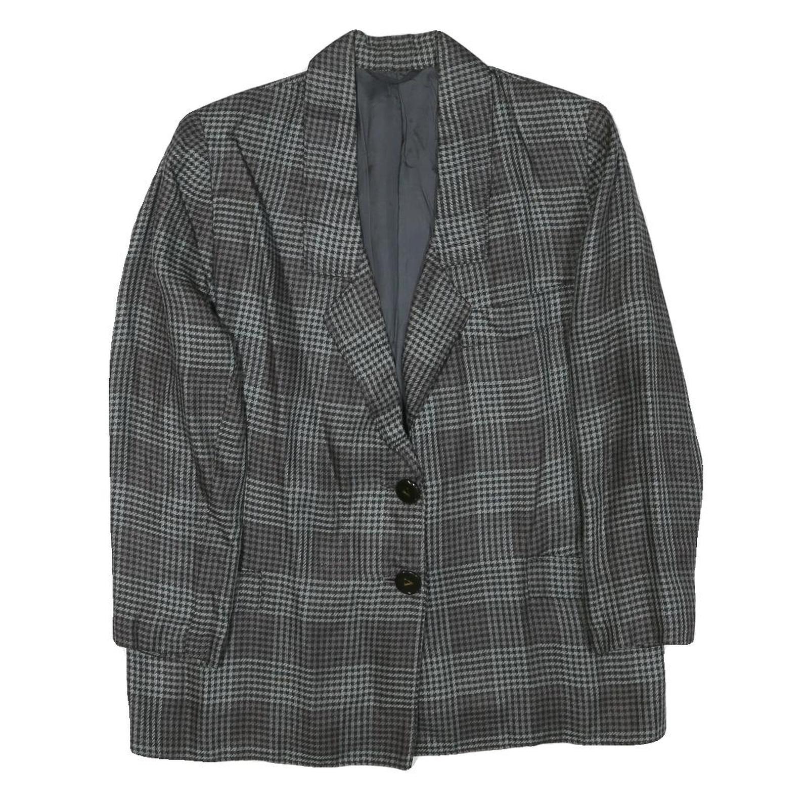 Womens Grey Check Button Jacket M Synthetic Woven Classic Timeless
