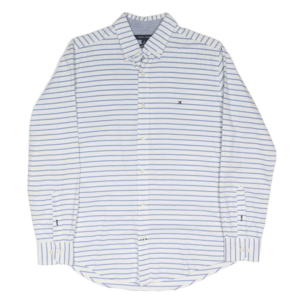 TOMMY HILFIGER Mens White & Blue Stripe Shirt M Classic Button-Down Cotton Blend