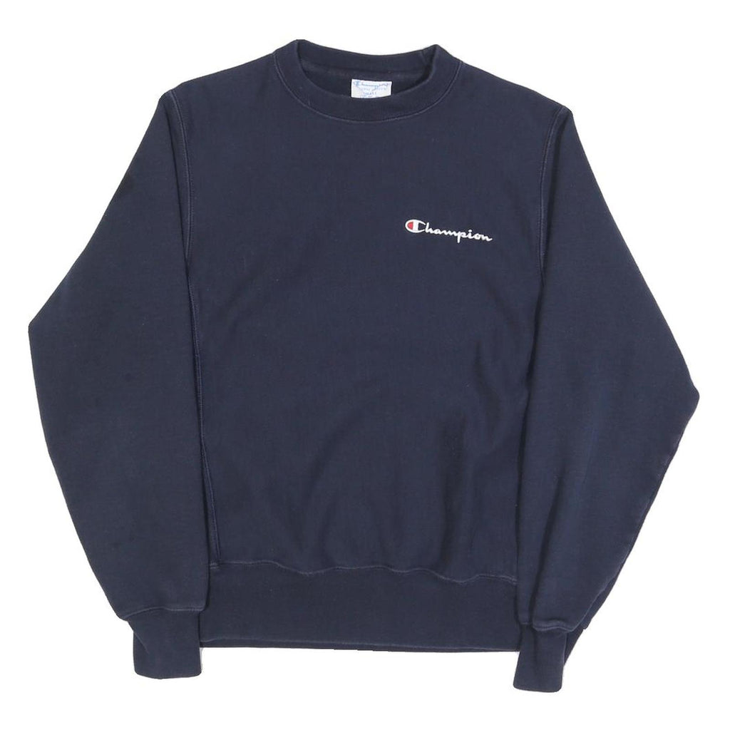 CHAMPION Mens Navy Blue Crew Neck S Cotton Blend Pullover Sweatshirt Logo