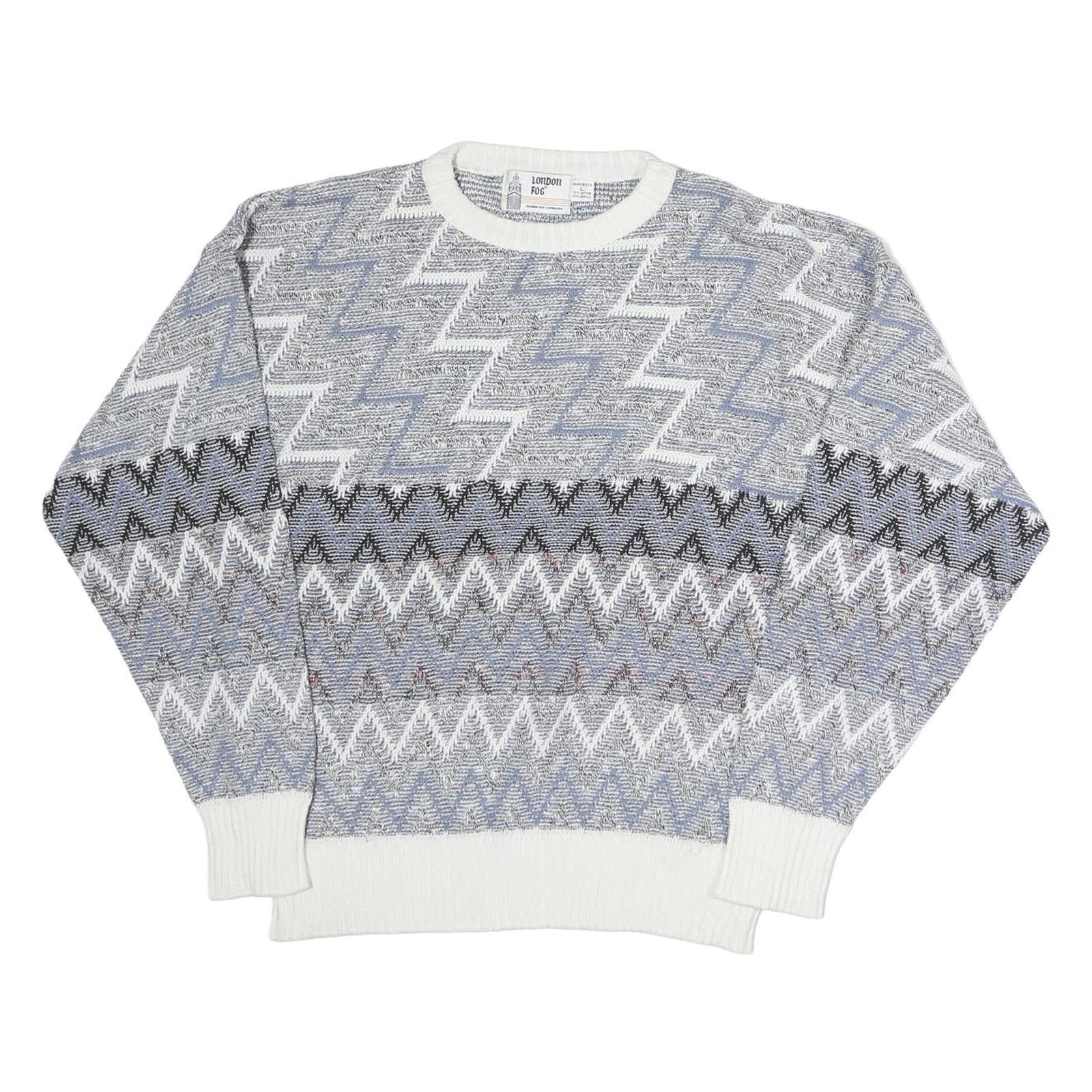LONDON FOG Mens Blue & White Patterned Cotton Knit Crew Neck Jumper L Casual