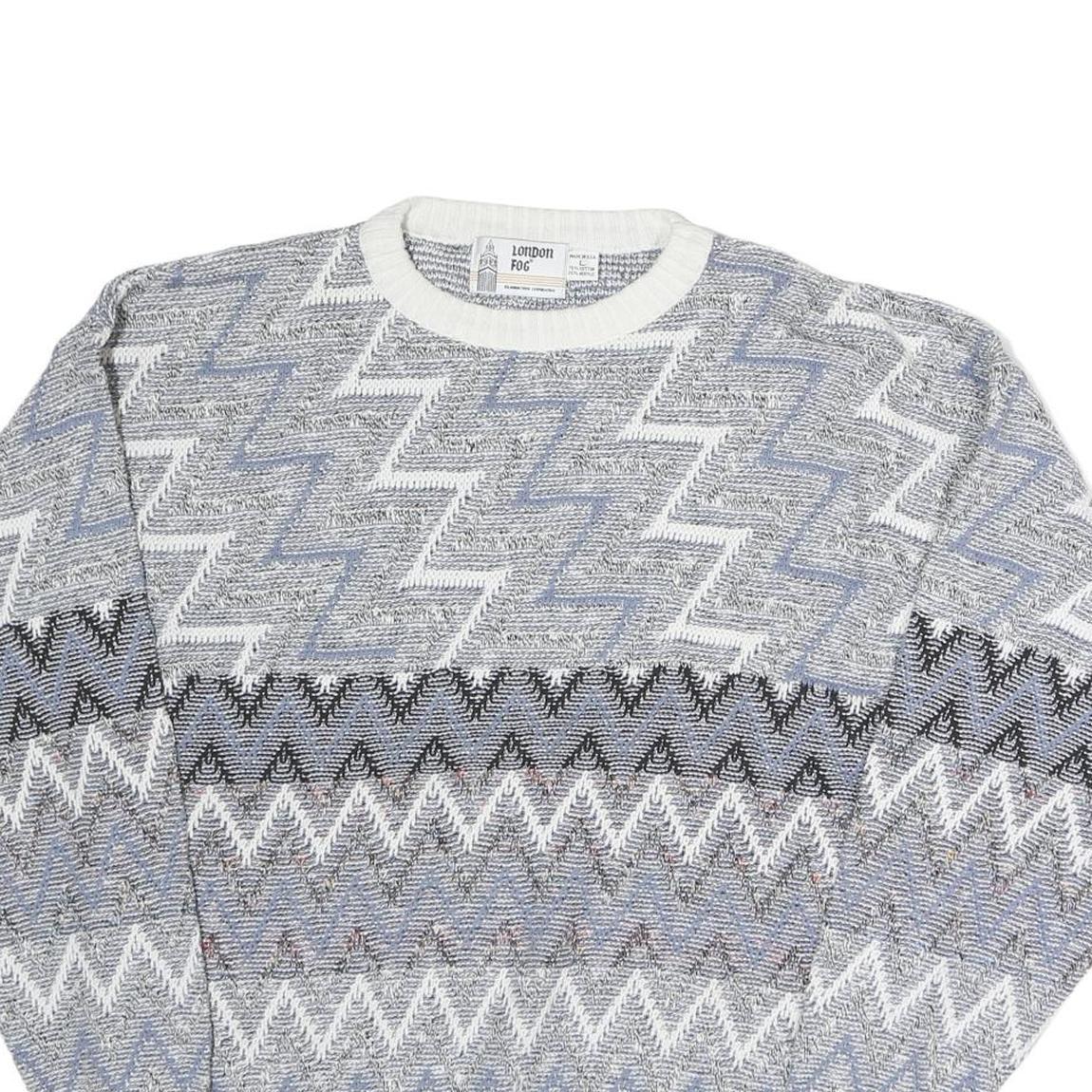 LONDON FOG Mens Blue & White Patterned Cotton Knit Crew Neck Jumper L Casual