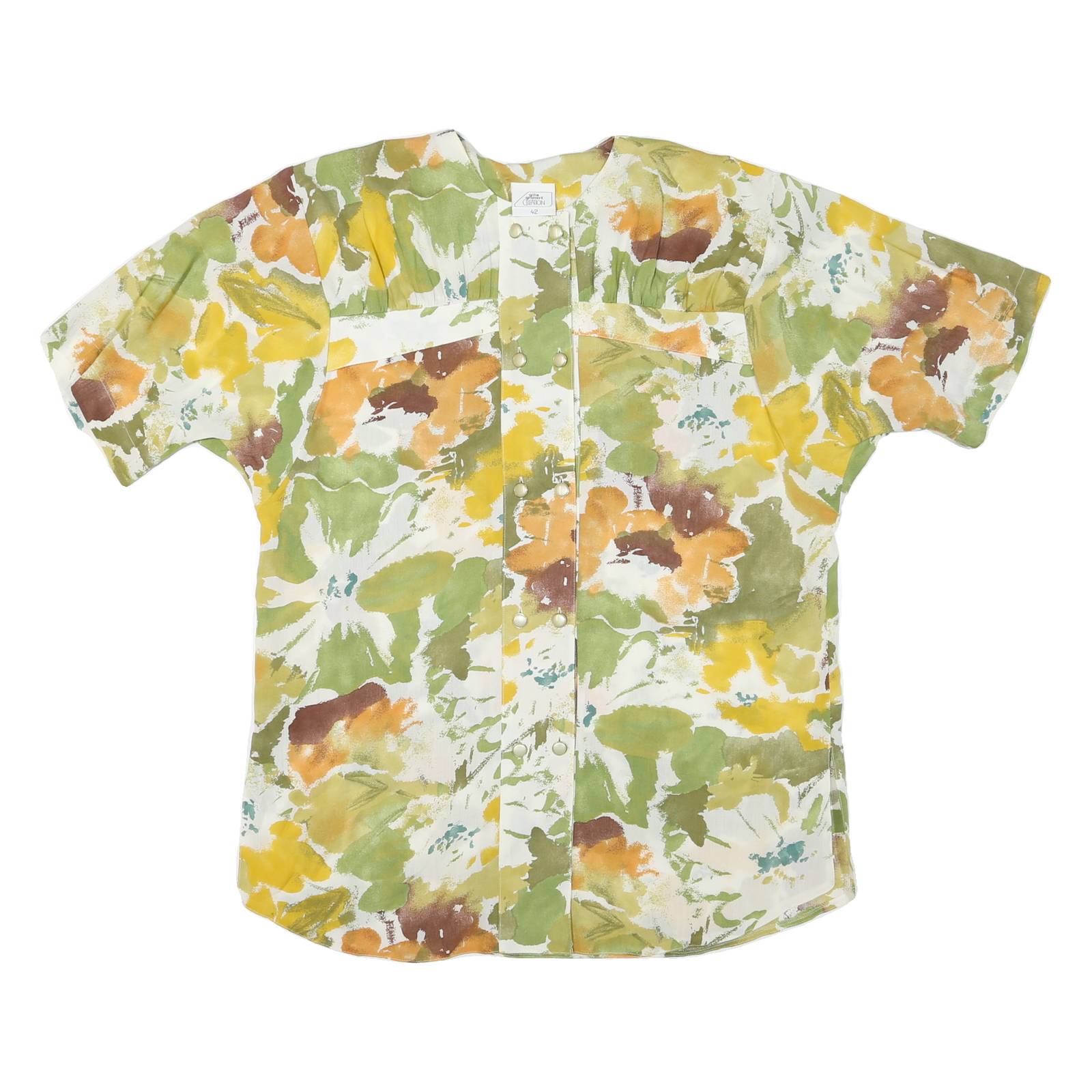 Womens Green & Yellow Floral Printed Short Sleeve Button Neck Top XL Lightweight