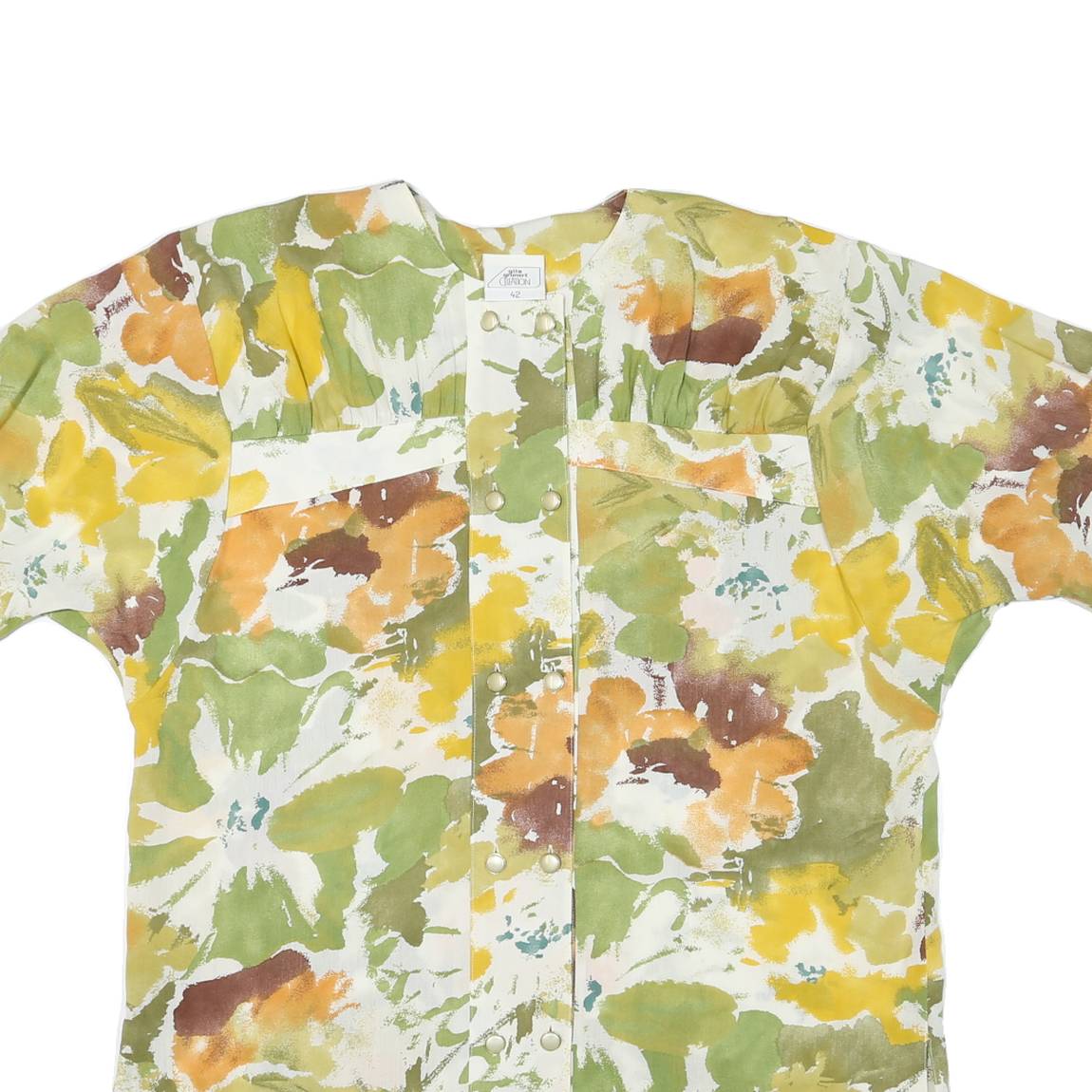 Womens Green & Yellow Floral Printed Short Sleeve Button Neck Top XL Lightweight