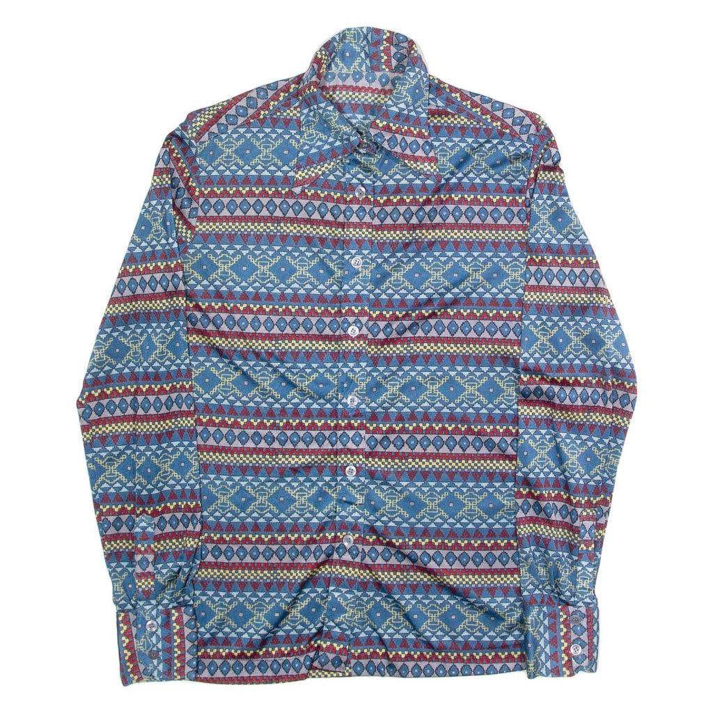 Womens Printed Shirt Blue Collared Long Sleeve 90s Fair Isle S