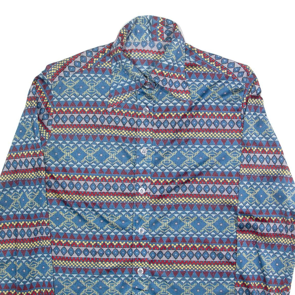 Womens Printed Shirt Blue Collared Long Sleeve 90s Fair Isle S