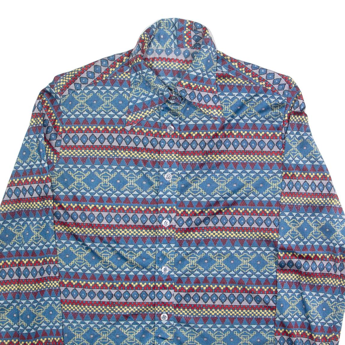 Womens Printed Shirt Blue Collared Long Sleeve 90s Fair Isle S