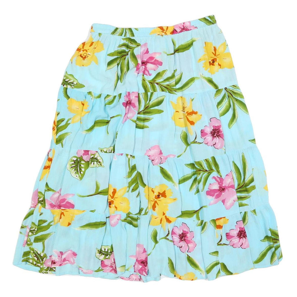 CATHY DENIS Womens Blue Floral Swing Midi Viscose Skirt L Tiered Casual