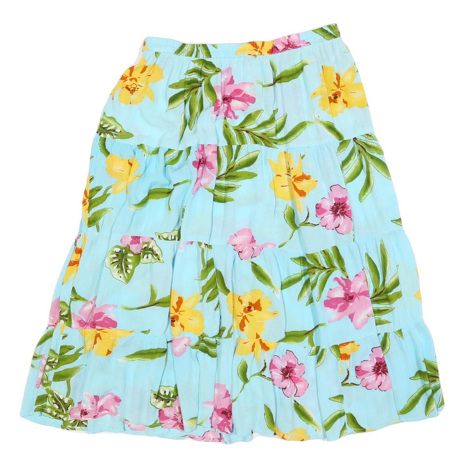 CATHY DENIS Womens Blue Floral Swing Midi Viscose Skirt L Tiered Casual