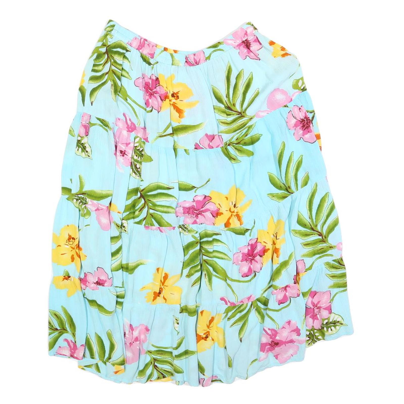 CATHY DENIS Womens Blue Floral Swing Midi Viscose Skirt L Tiered Casual